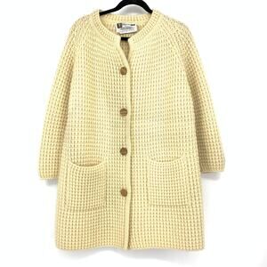 VTG Pallas Hand Loomed Irish Wool Sweater Coat Womens Sz L/XL Cream Button Front